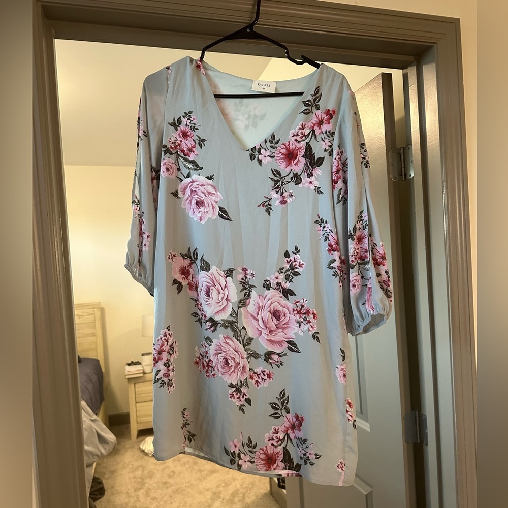 Blue and pink floral dress with long sleeves